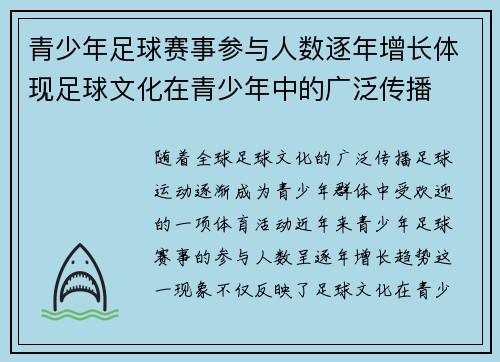青少年足球赛事参与人数逐年增长体现足球文化在青少年中的广泛传播